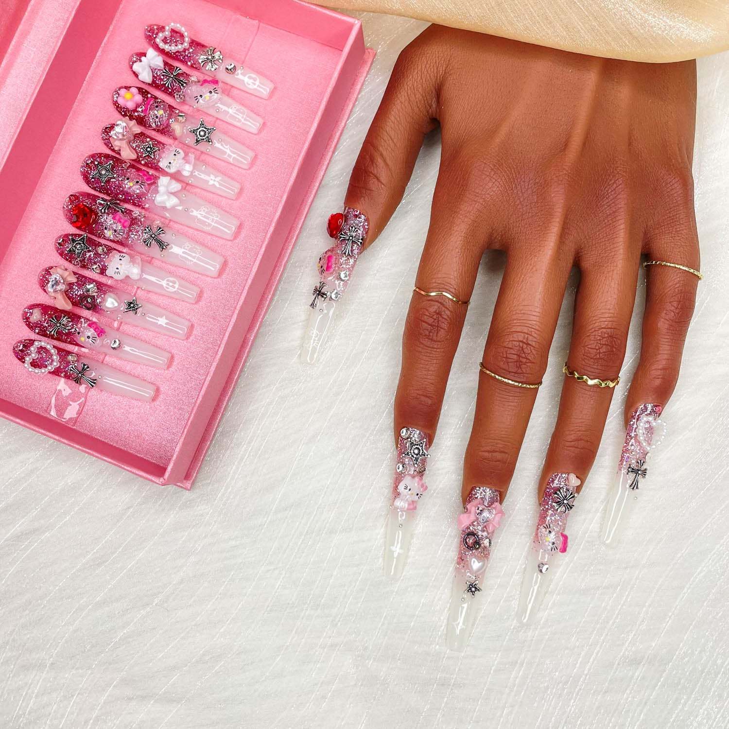 Enormous kart - Long Coffin Stone Design Press-On Nails with Adhesive Tape | Luxury Rhinestone Fake Nails for Women