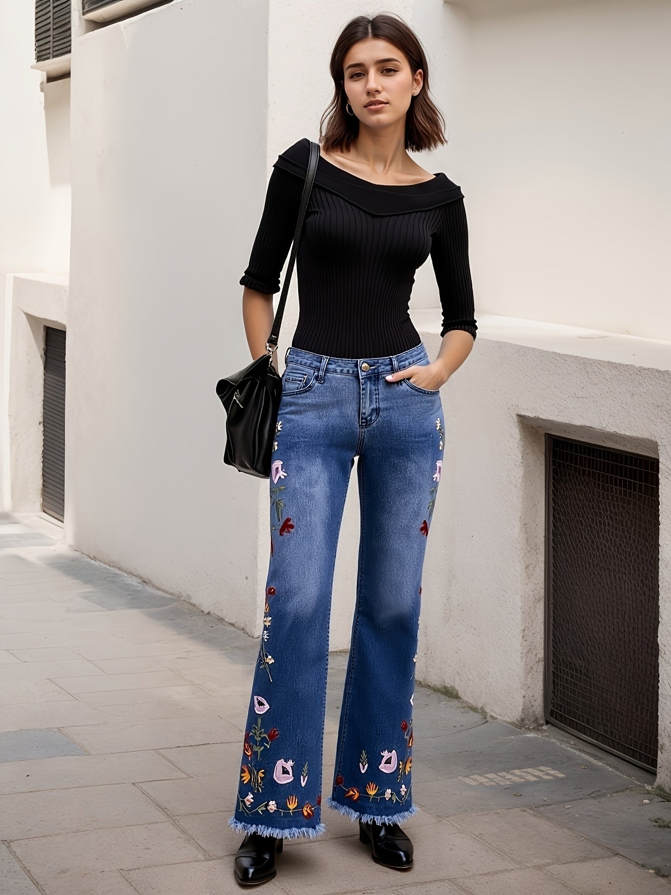 Enormous kart - High Waist Bell Bottom Pants with Floral Embroidery for Women