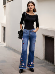 Enormous kart - High Waist Bell Bottom Pants with Floral Embroidery for Women