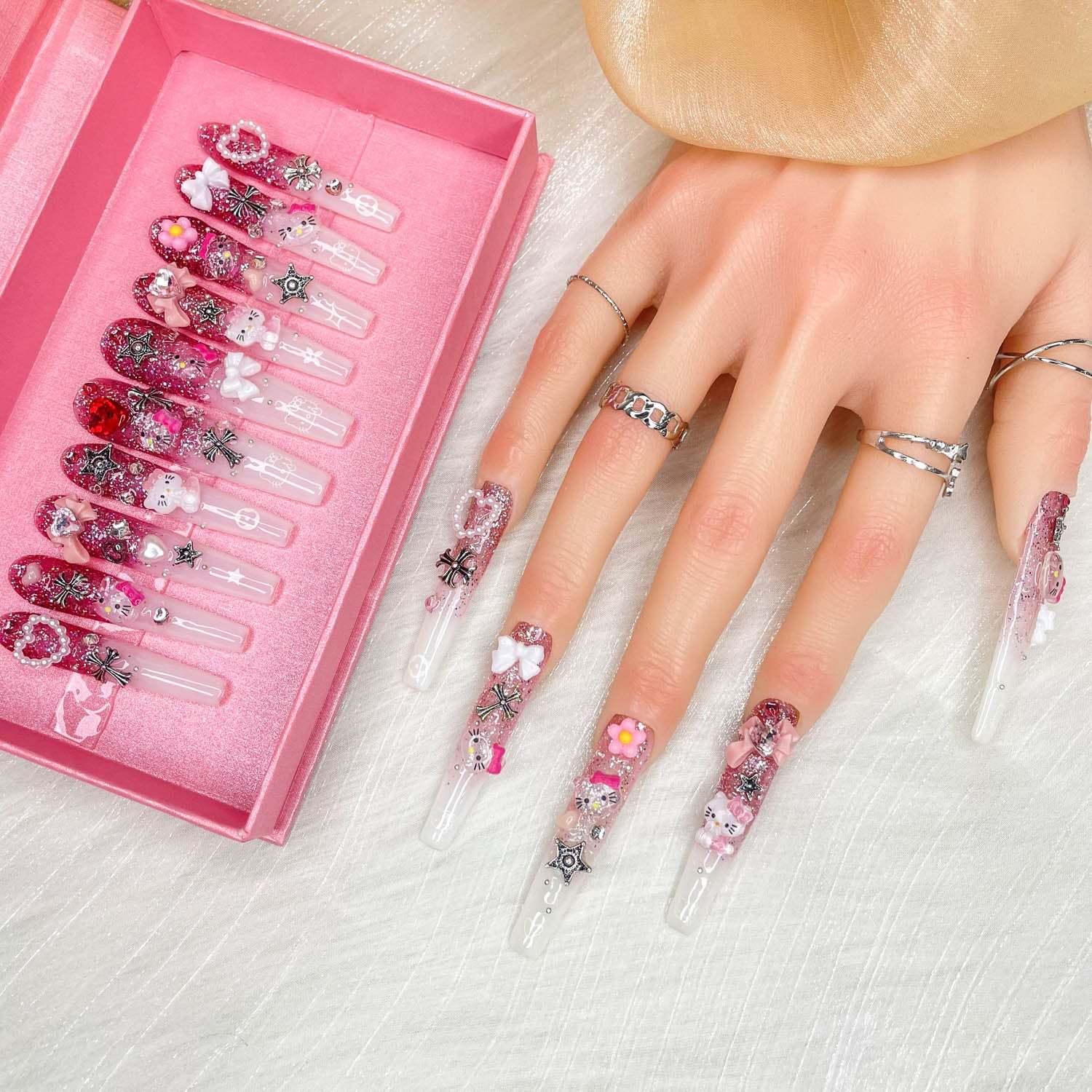 Enormous kart - Long Coffin Stone Design Press-On Nails with Adhesive Tape | Luxury Rhinestone Fake Nails for Women