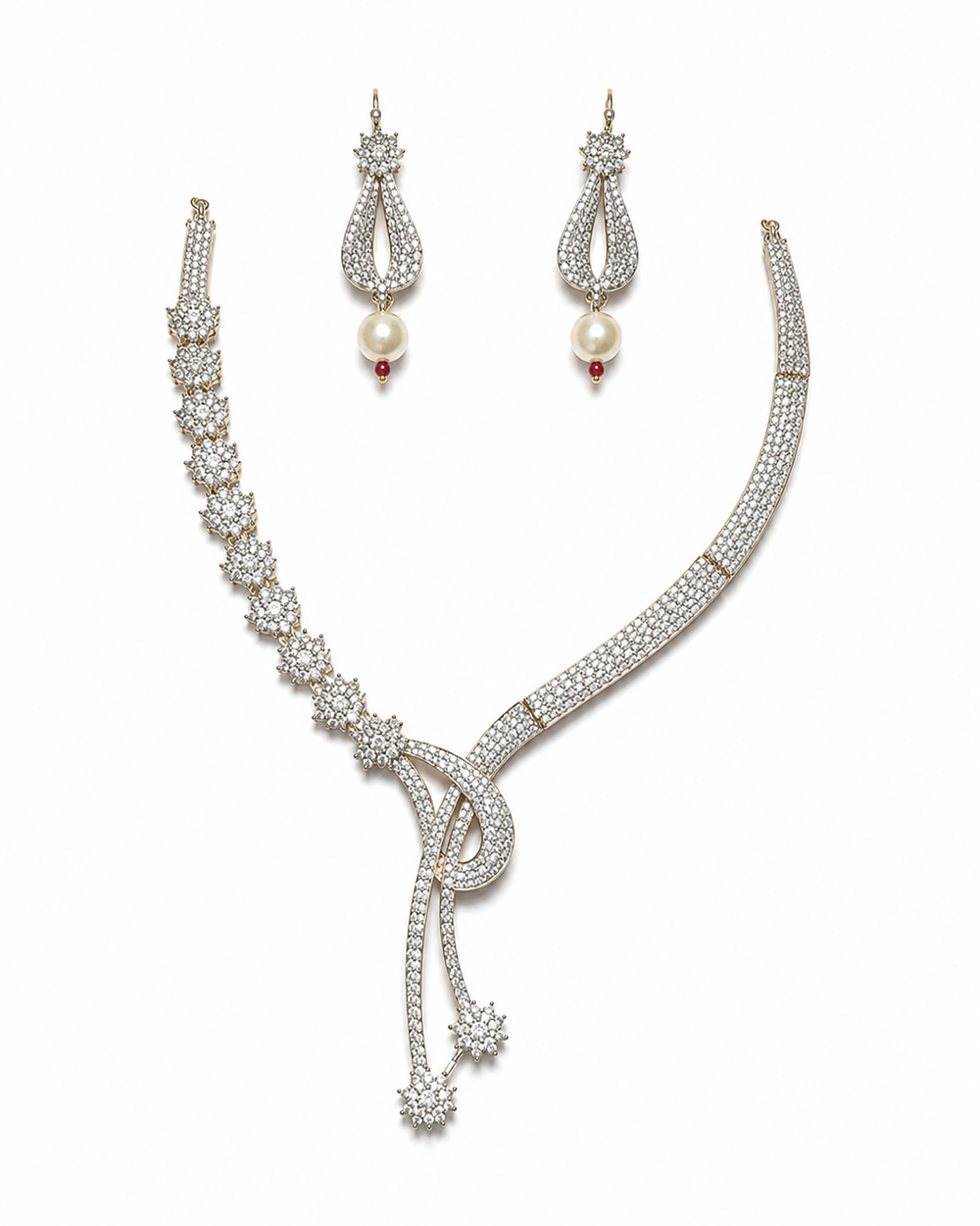 Silver Designer Floral Imitation Necklace & Pearl Drop Earrings Set