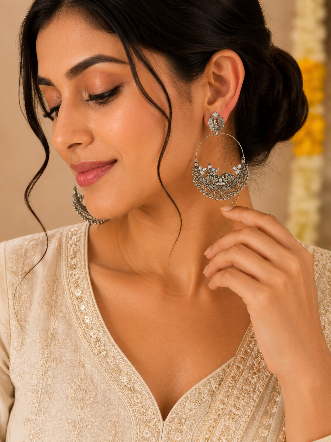 Women’s Silver Oxidised Chandbali Earrings | Traditional Ethnic Imitation Jewellery