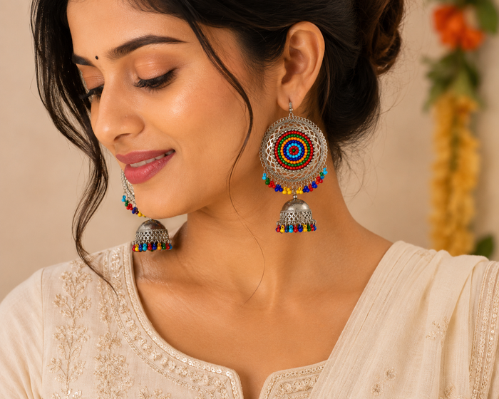 Boho Oxidised Silver-Tone Multicolor Jhumka Earrings for Women