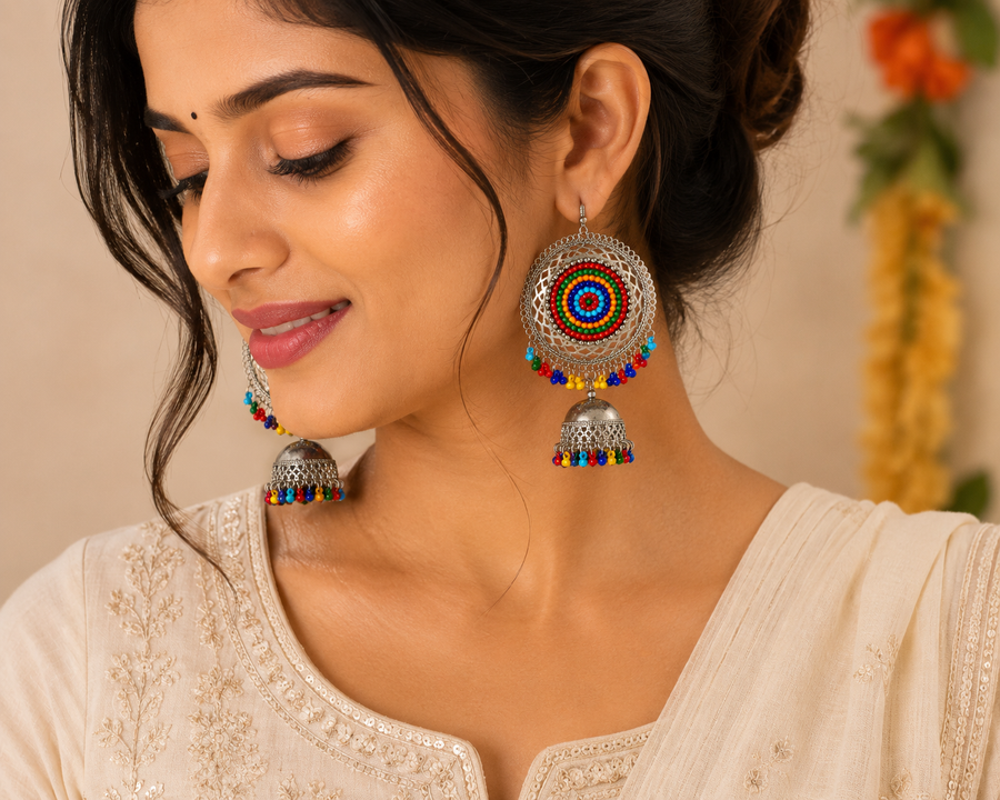 Boho Oxidised Silver-Tone Multicolor Jhumka Earrings for Women