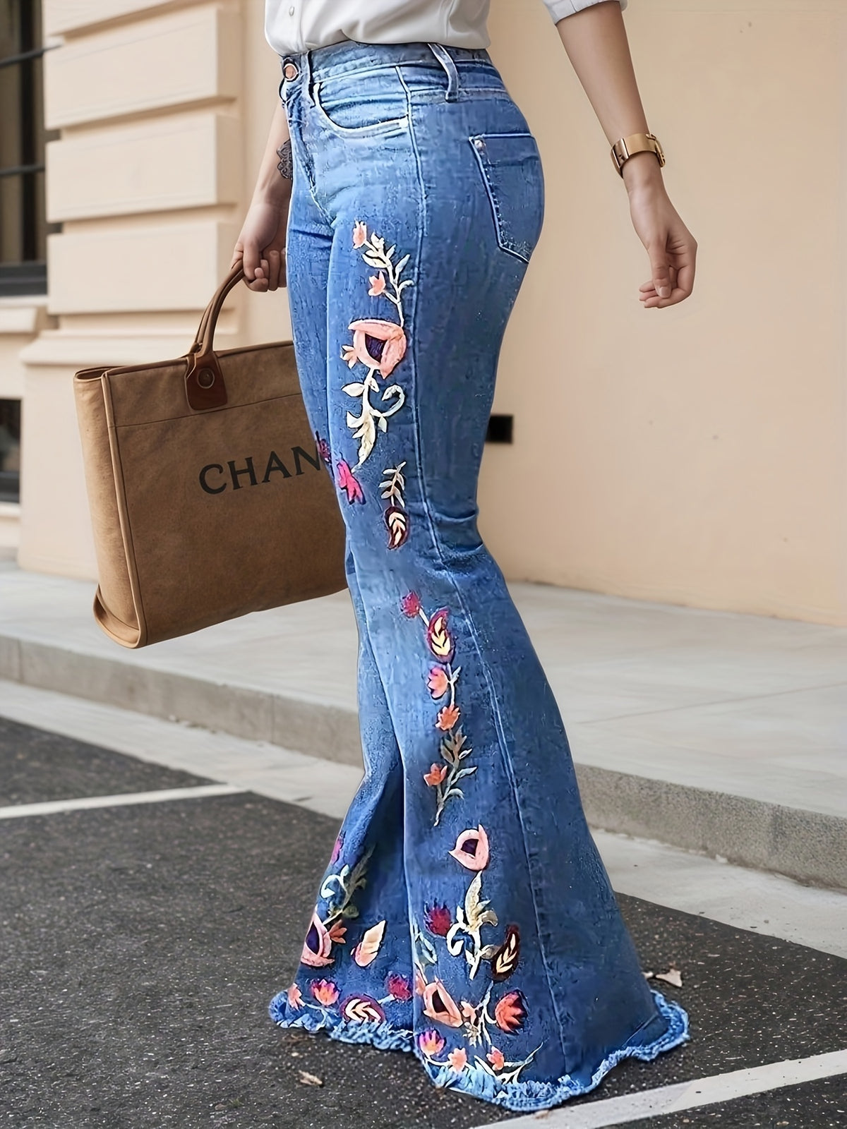 Enormous kart - High Waist Bell Bottom Pants with Floral Embroidery for Women