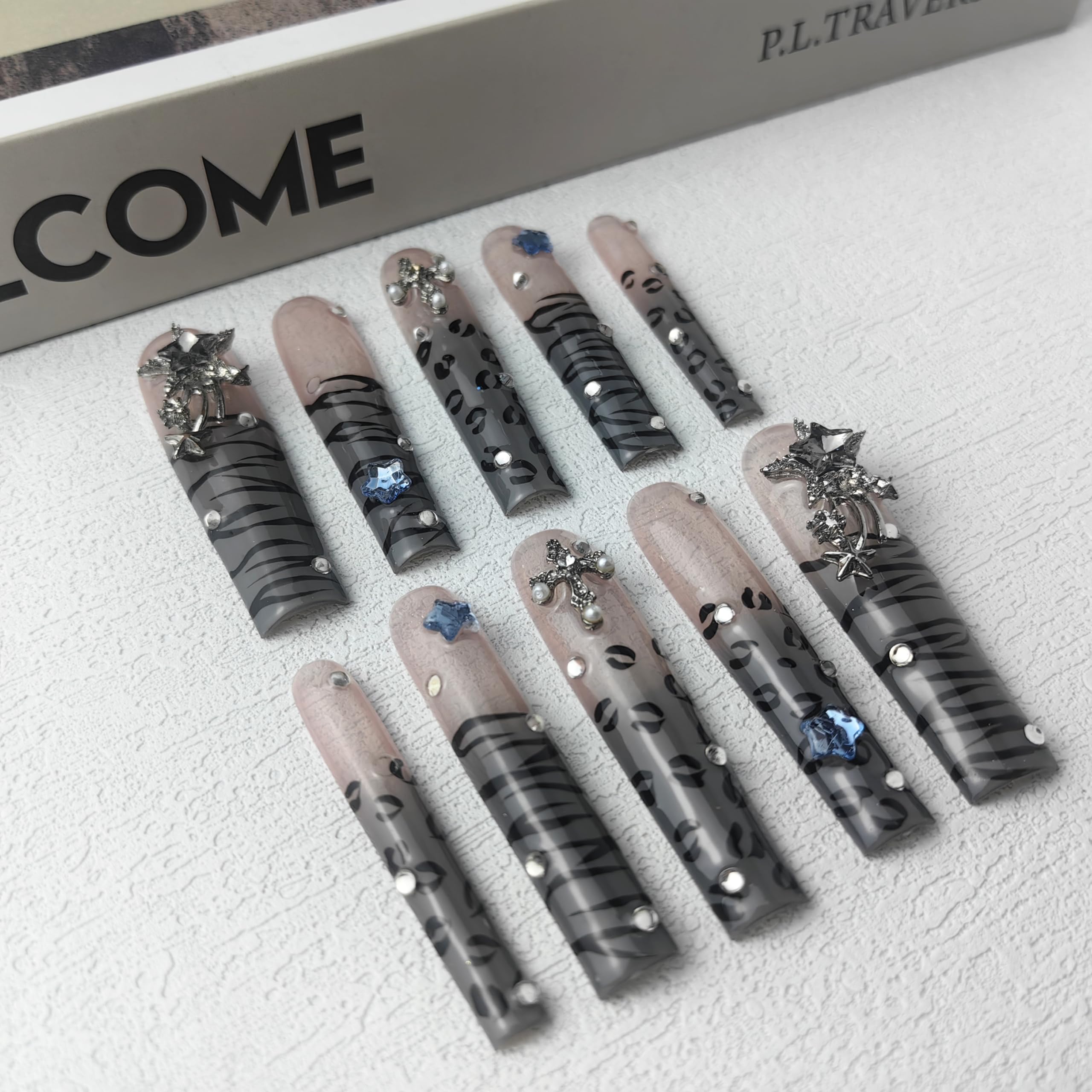 Acrylic Press-On Nails (Stellar Stripe) – Long, Reusable False Nail Set with Elegant Gift Box for Women