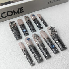 Acrylic Press-On Nails (Stellar Stripe) – Long, Reusable False Nail Set with Elegant Gift Box for Women
