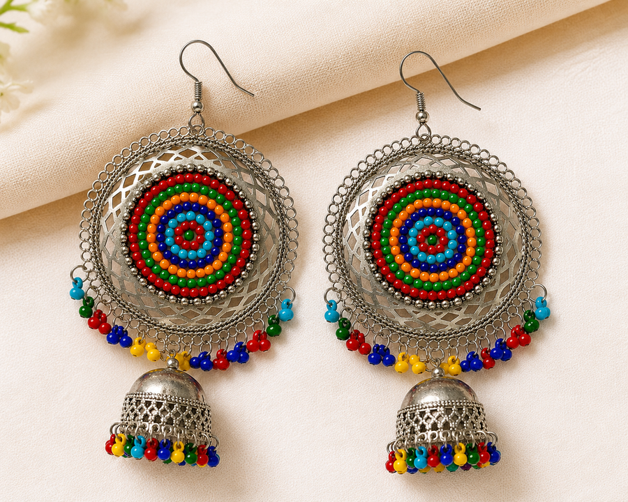Boho Oxidised Silver-Tone Multicolor Jhumka Earrings for Women