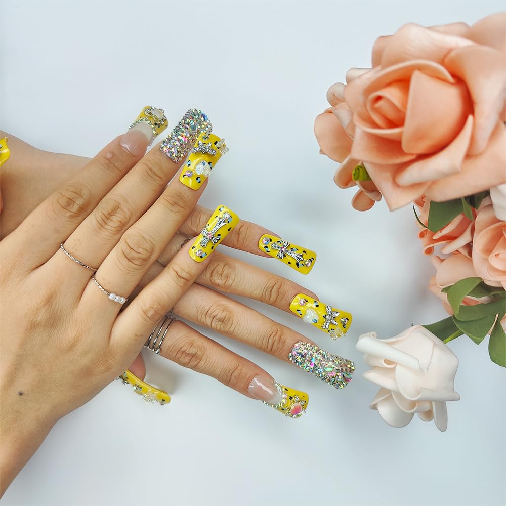 Handmade PMMA Acrylic Medium Square Press-On Nails with Rhinestones & Butterfly Love Design | Reusable Full-Coverage Fake Nail Set for Women