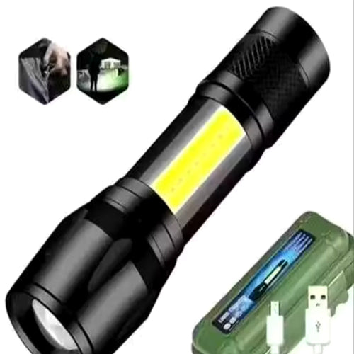 BRIGHT LIGHT Portable Aluminum COB Tactical Torch Waterproof LED USB Rechargeable Torch (Black, 9 cm, Rechargeable)