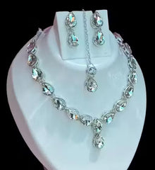 Elegant Silver AD Crystal Teardrop Necklace & Earrings Set