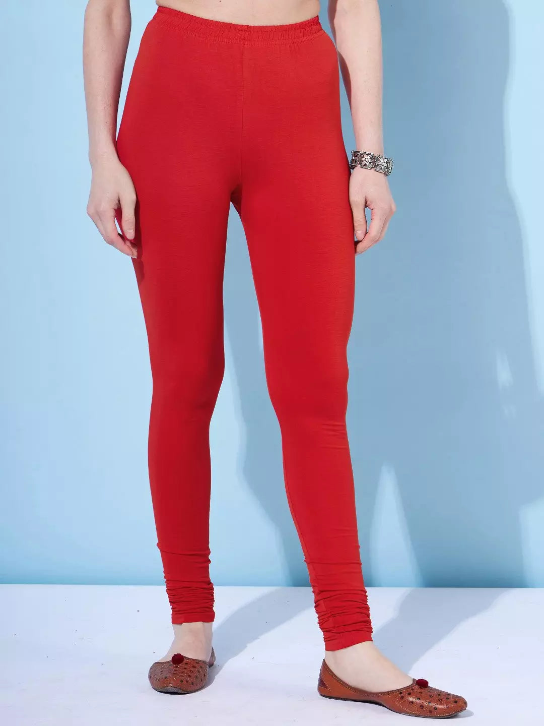Women’s Red Cotton Lycra Churidar Leggings | Stretch Fit Ankle Length Leggings | Made in India