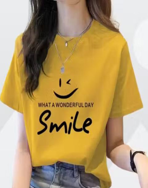 Wonderful Day Smile Printed Short Sleeve T-shirt Women Round Neck Korean Tops Summer New Fashion Printed T-shirt Woman Clothes Regular Fit Casual T-shirt