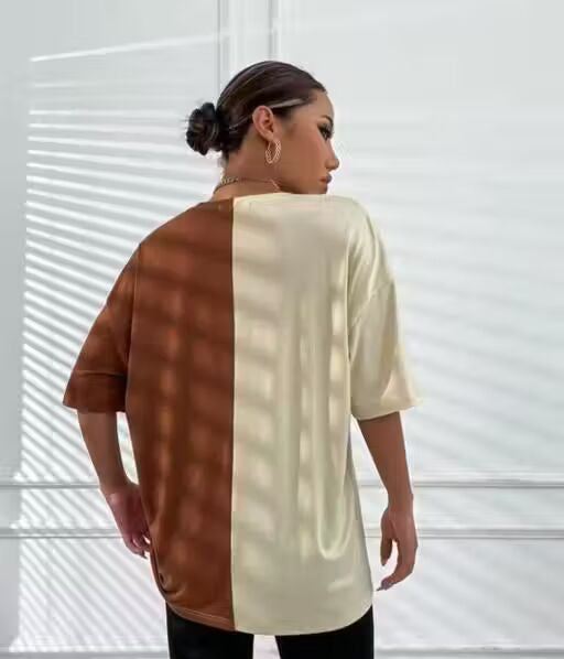 Women's oversized tshirt for women with a colour combination of beige and coffee colour tshirt