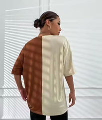 Women's oversized tshirt for women with a colour combination of beige and coffee colour tshirt