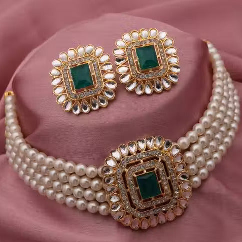 Royal Pearl Kundan Green Stone Choker Necklace Set